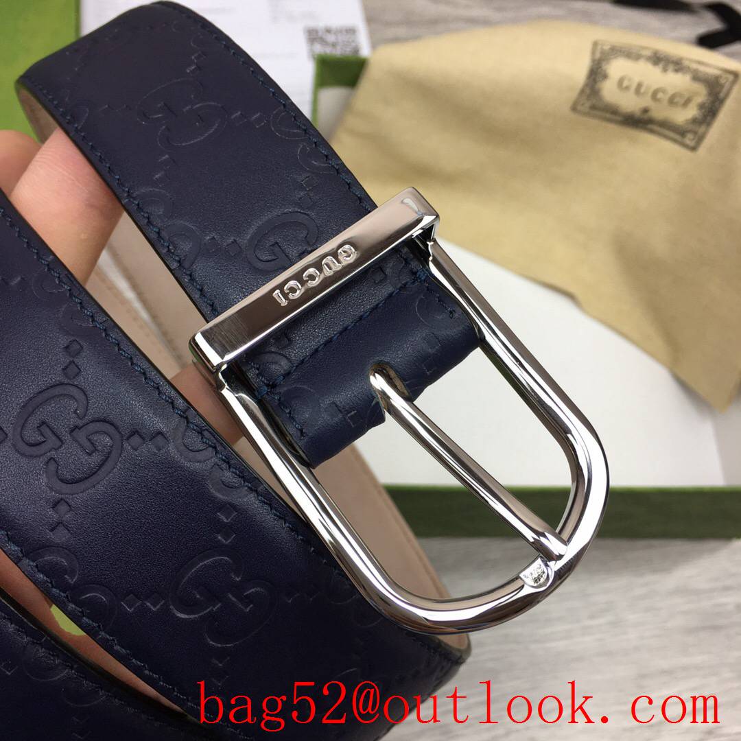 Gucci GG 3.5cm navy shiny silver buckle belt with GG detail