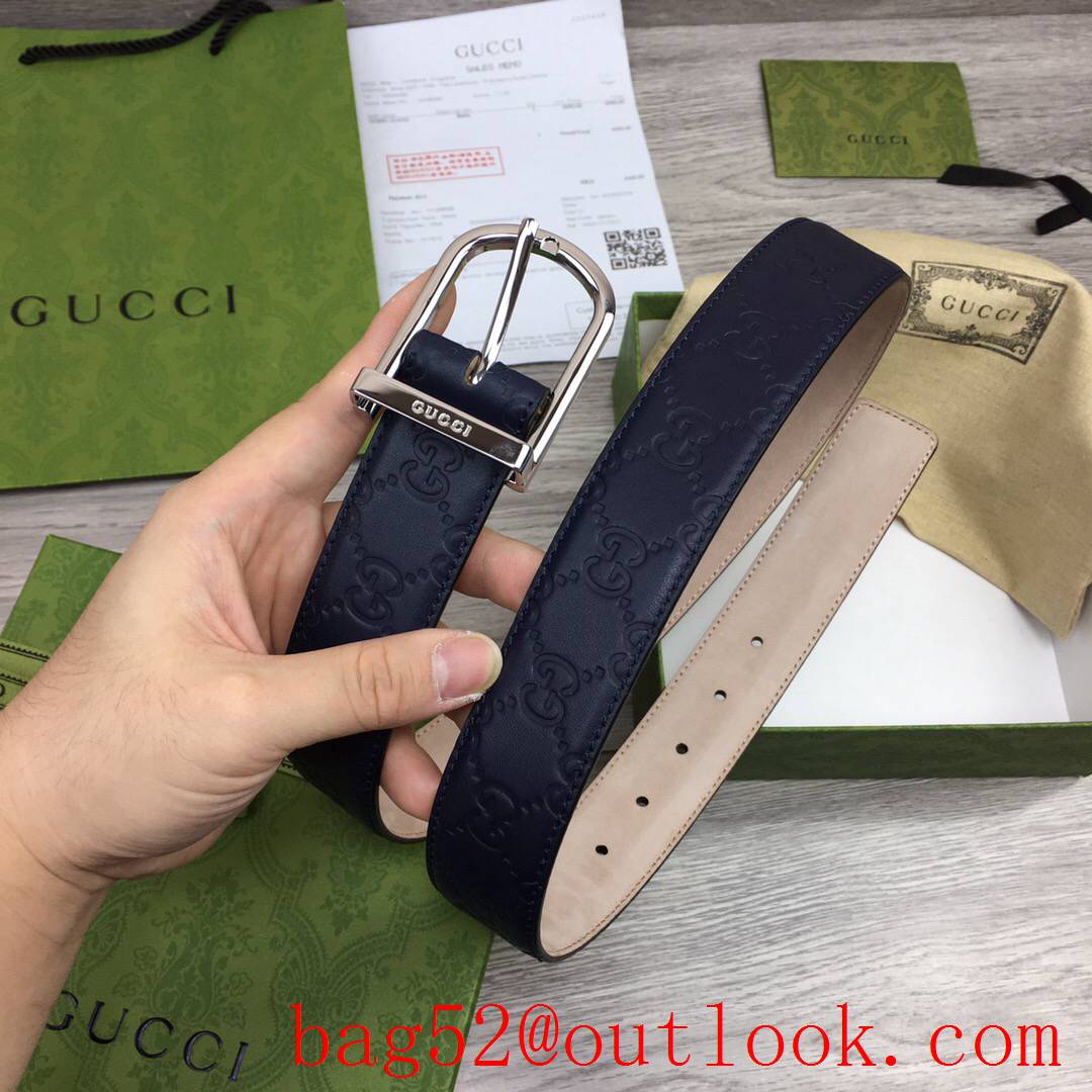 Gucci GG 3.5cm navy shiny silver buckle belt with GG detail