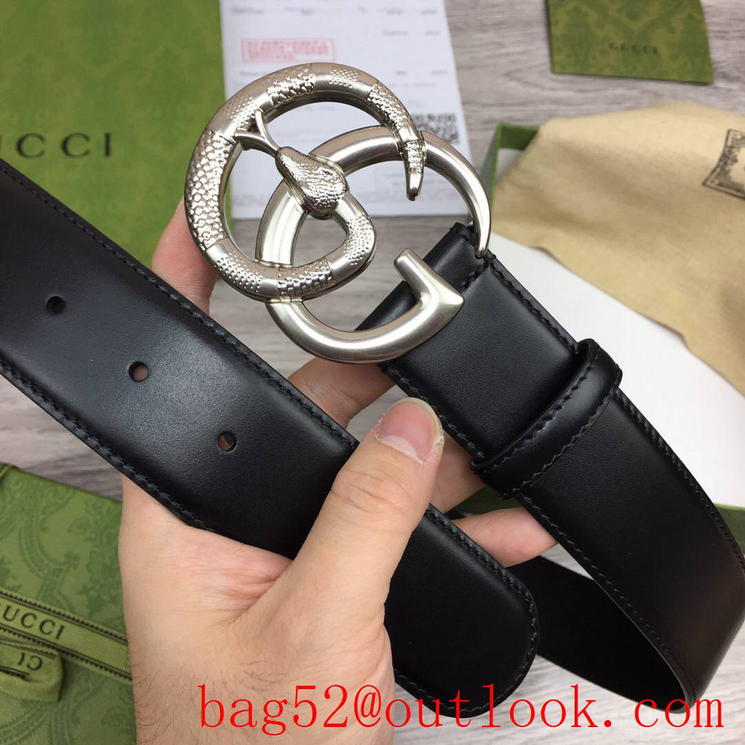 Gucci GG 4cm black leather v snake silver buckle reversible belt