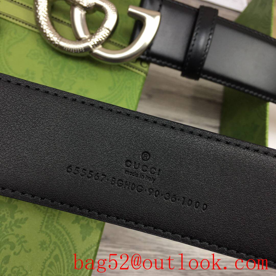 Gucci GG 4cm black leather v snake silver buckle reversible belt