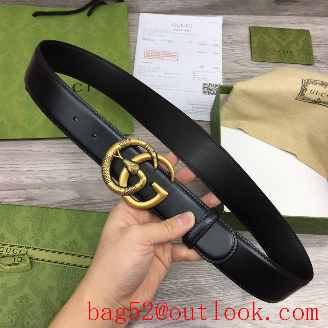 Gucci GG 4cm black leather v snake gold buckle reversible belt