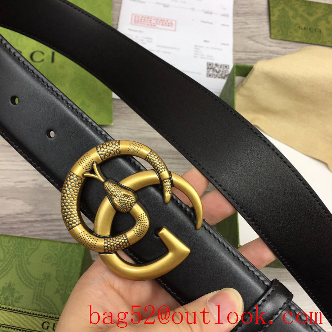 Gucci GG 4cm black leather v snake gold buckle reversible belt