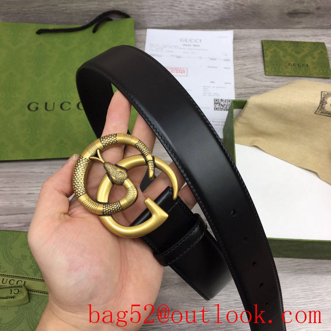 Gucci GG 4cm black leather v snake gold buckle reversible belt