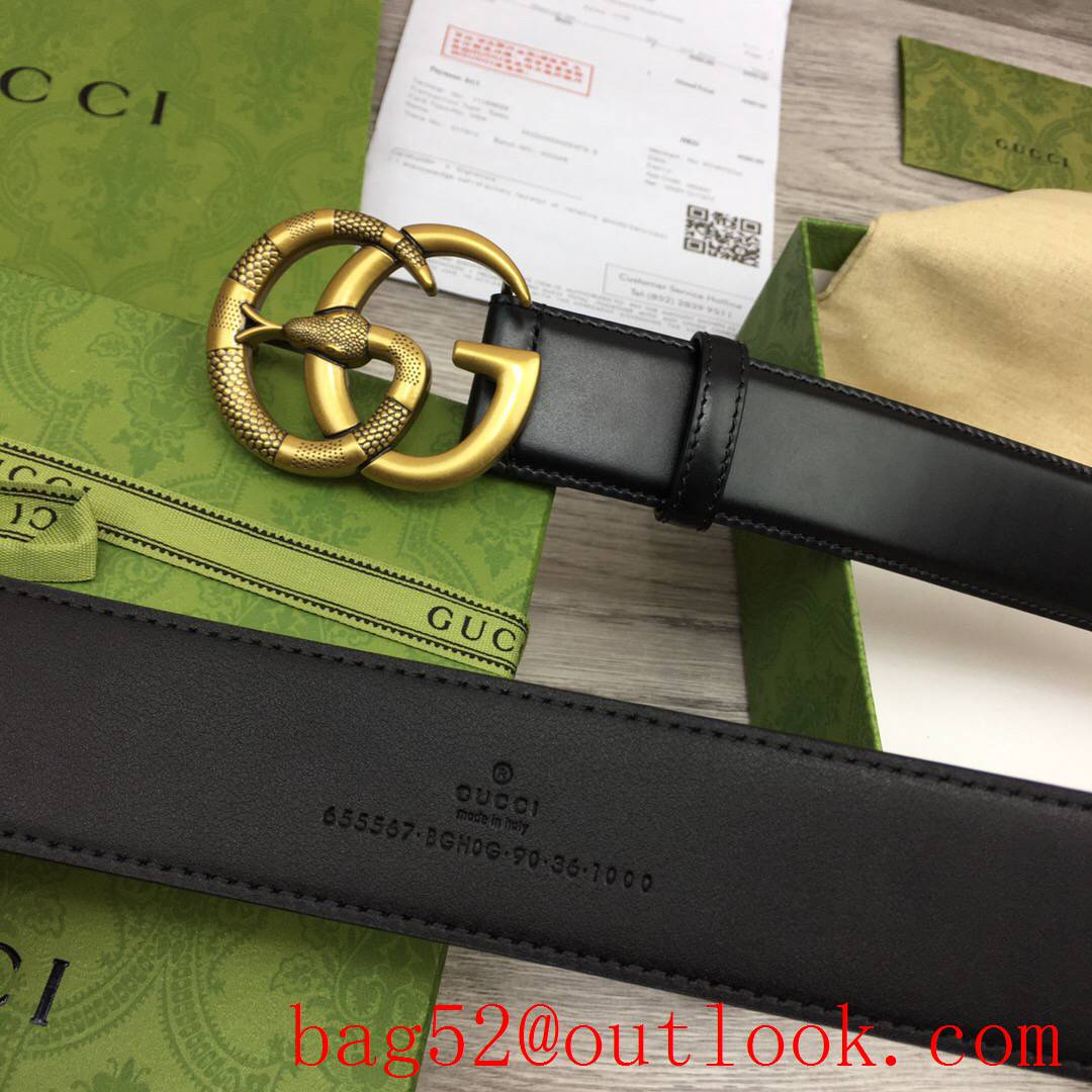 Gucci GG 4cm black leather v snake gold buckle reversible belt