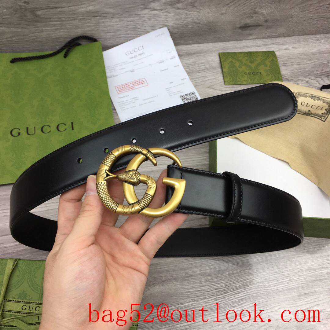 Gucci GG 4cm black leather v snake gold buckle reversible belt