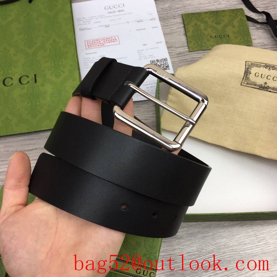 Gucci GG 3.7cm black texture leather v silver pin buckle belt