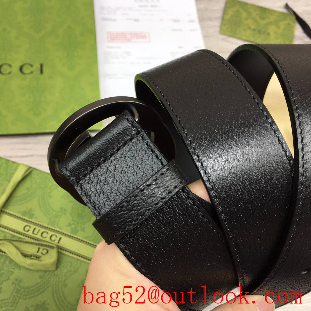 Gucci GG 4cm black texture leather v double G dark-silver buckle belt