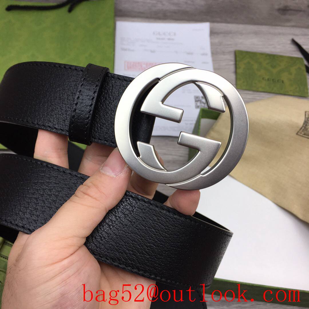 Gucci GG 4cm black texture leather v double G silver buckle belt