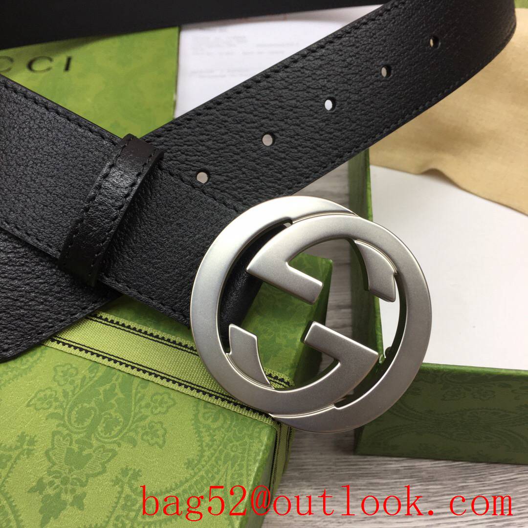 Gucci GG 4cm black texture leather v double G silver buckle belt