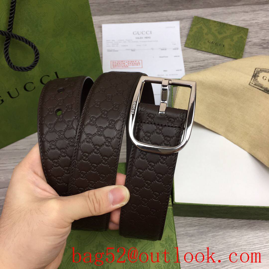 Gucci GG 4cm dark coffee Signature belt with GG detail shiny silver pin buckle