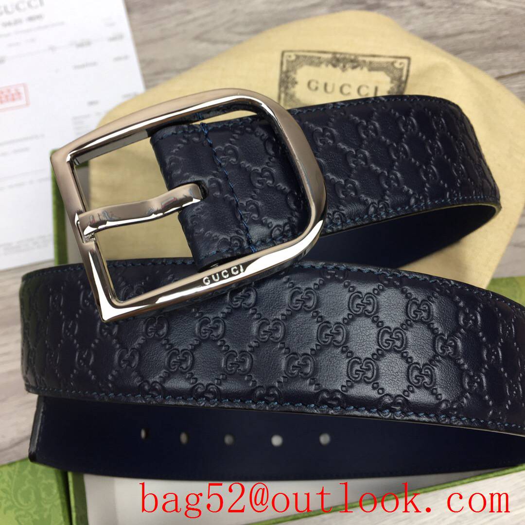 Gucci GG 4cm navy Signature belt with GG detail shiny silver pin buckle