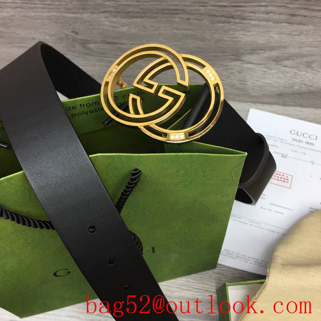 Gucci GG 3.7cm black leather new gold Decorate buckle belt