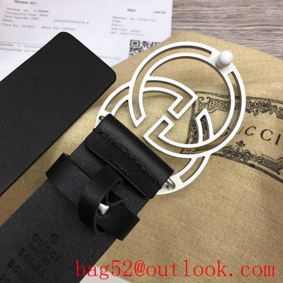 Gucci GG 3.7cm black leather new silver Decorate buckle belt
