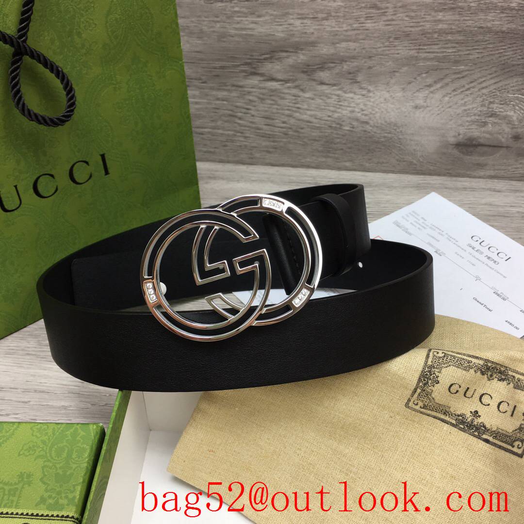 Gucci GG 3.7cm black leather new silver Decorate buckle belt