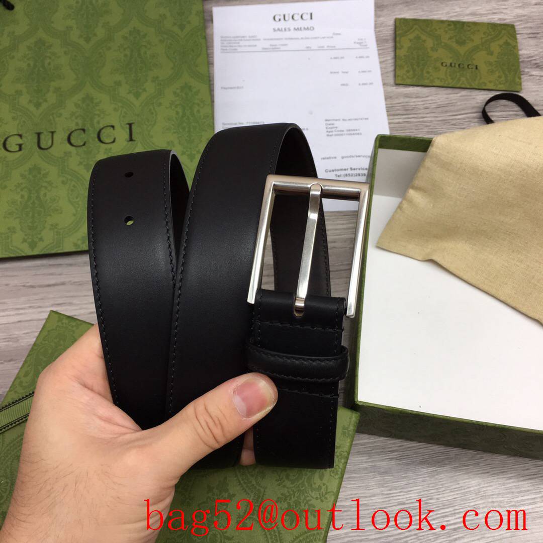 Gucci GG men 3.5cm black calfskin silver square buckle belt