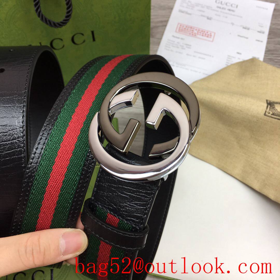 Gucci GG 4cm black leather with ophidia silver v dark buckle belt