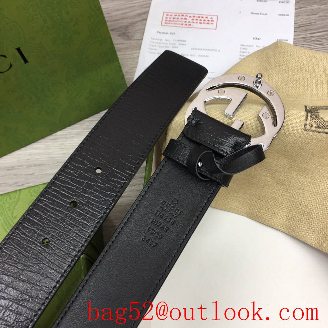 Gucci GG 4cm black leather with ophidia silver v dark buckle belt