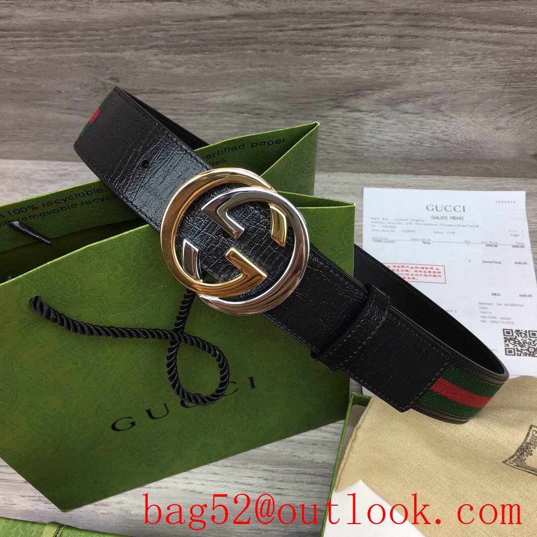 Gucci GG 4cm black leather with ophidia gold v silver buckle belt