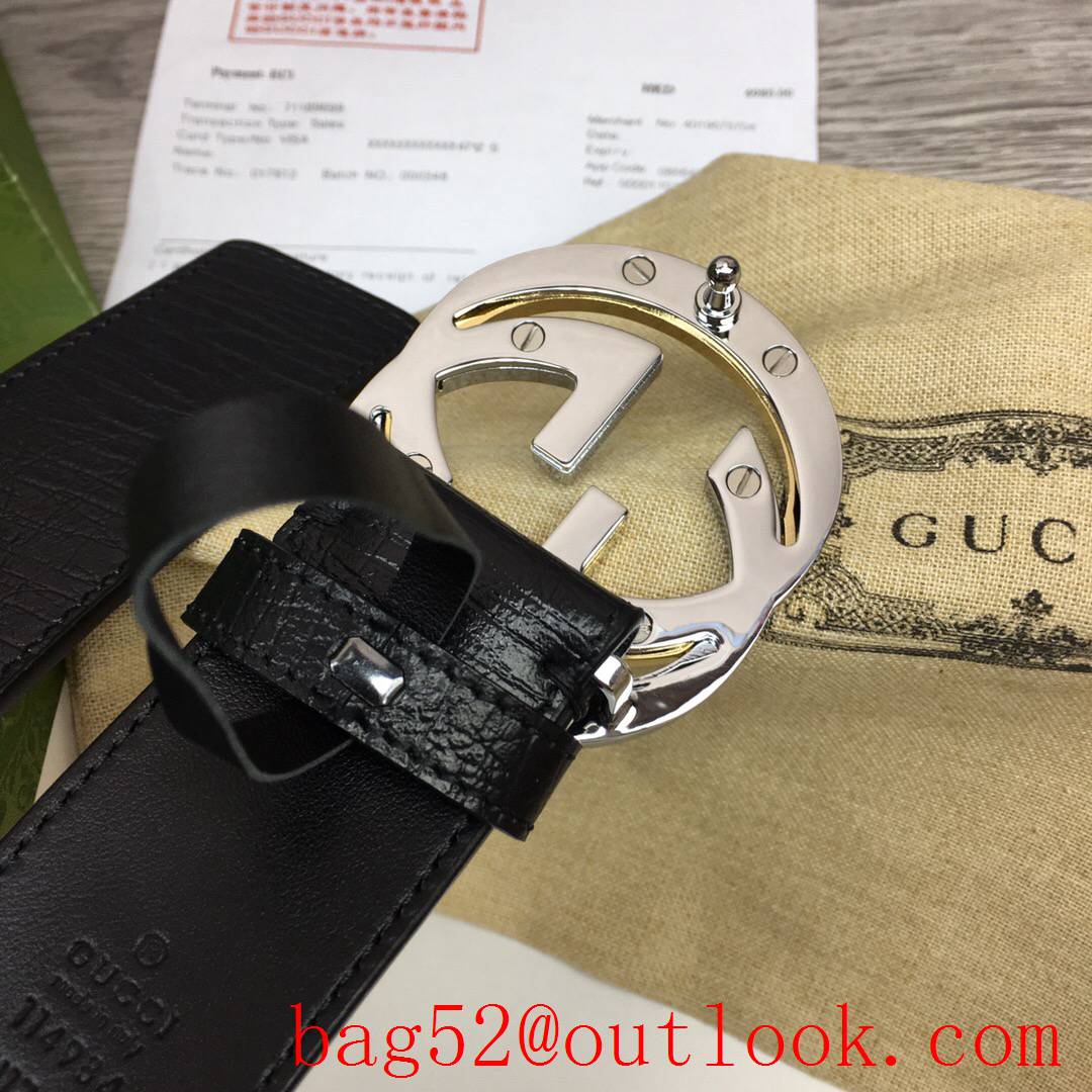Gucci GG 4cm black leather with ophidia gold v silver buckle belt