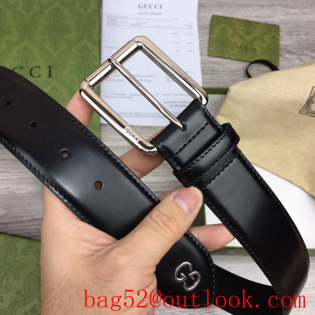 Gucci GG men 4cm black paint calfskin silver square buckle belt with small G