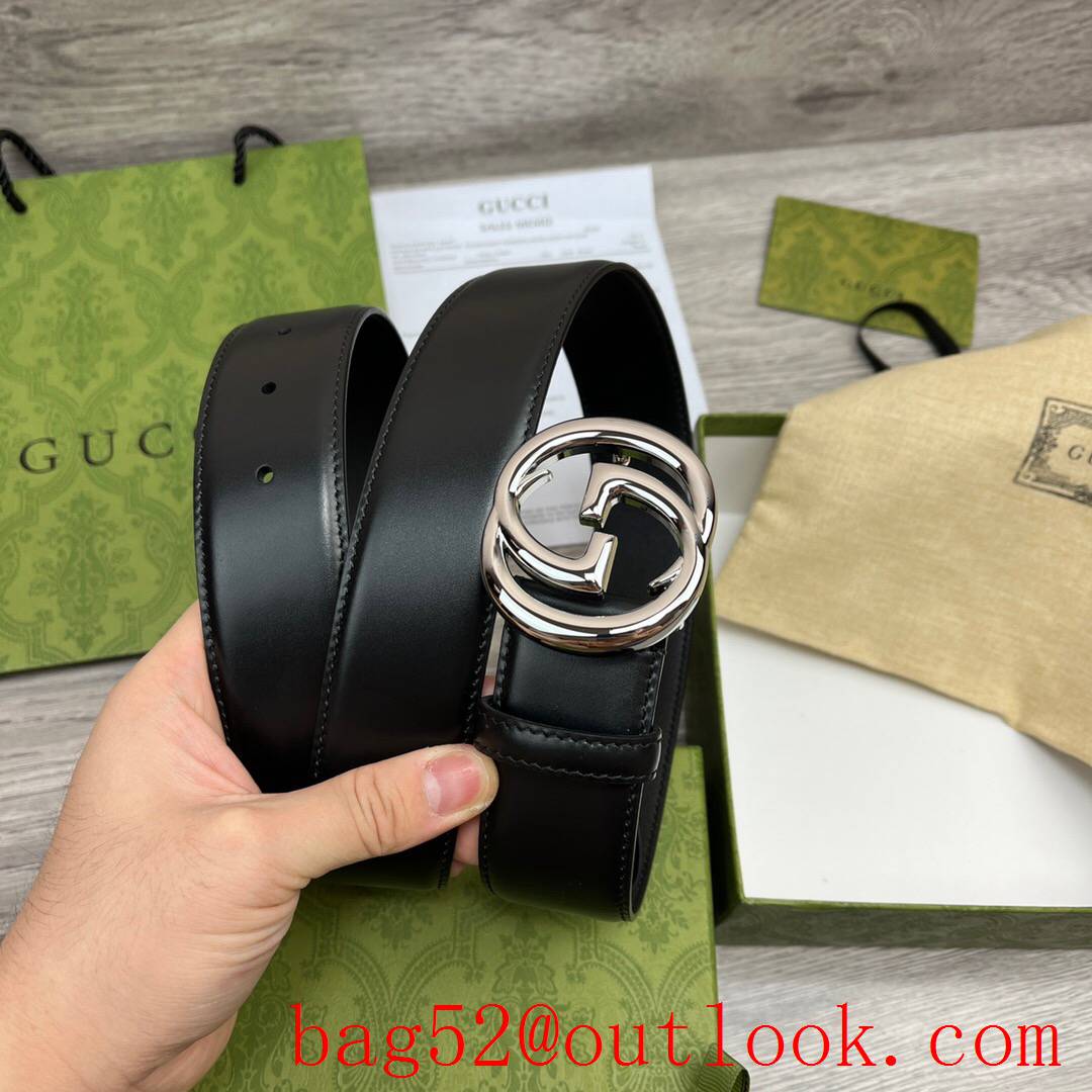 Gucci GG men 4cm black smooth calfskin silver GG buckle belt