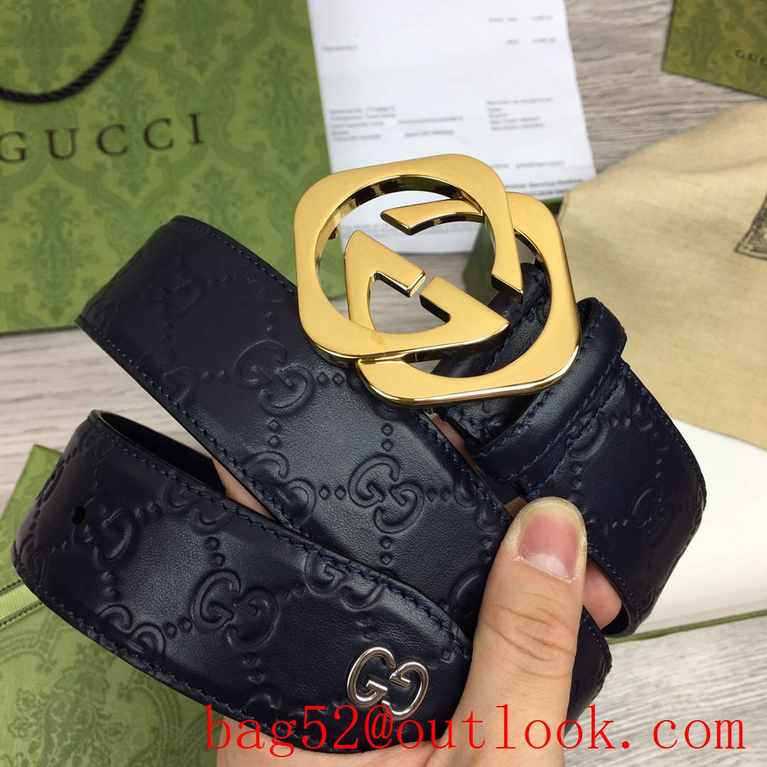 Gucci GG men 4cm navy GG calfskin gold buckle belt