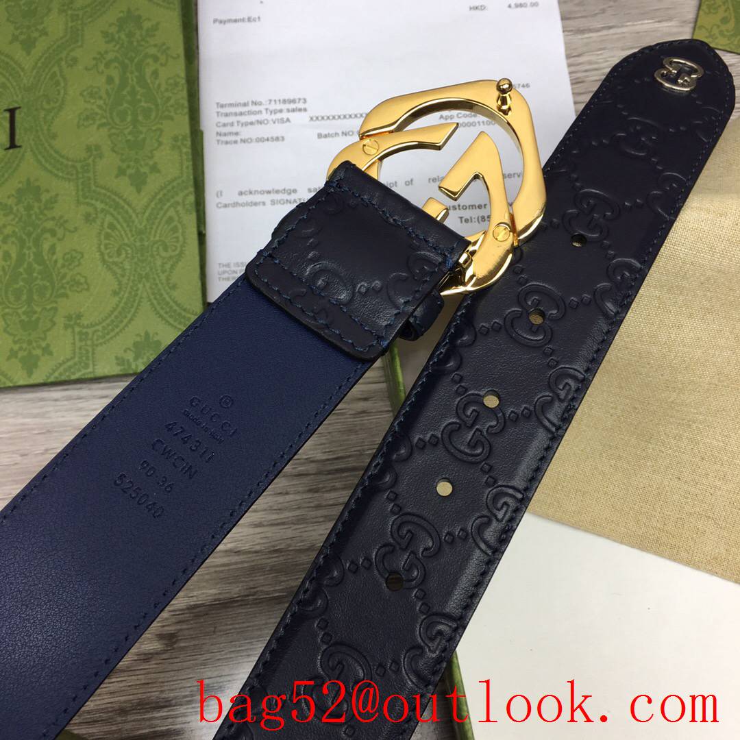 Gucci GG men 4cm navy GG calfskin gold buckle belt