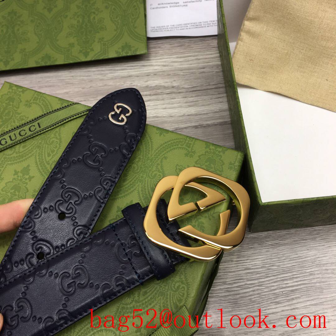 Gucci GG men 4cm navy GG calfskin gold buckle belt