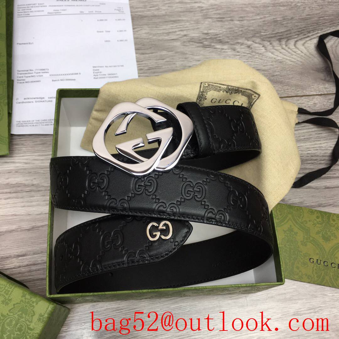 Gucci GG men 4cm black GG calfskin silver buckle belt with small G
