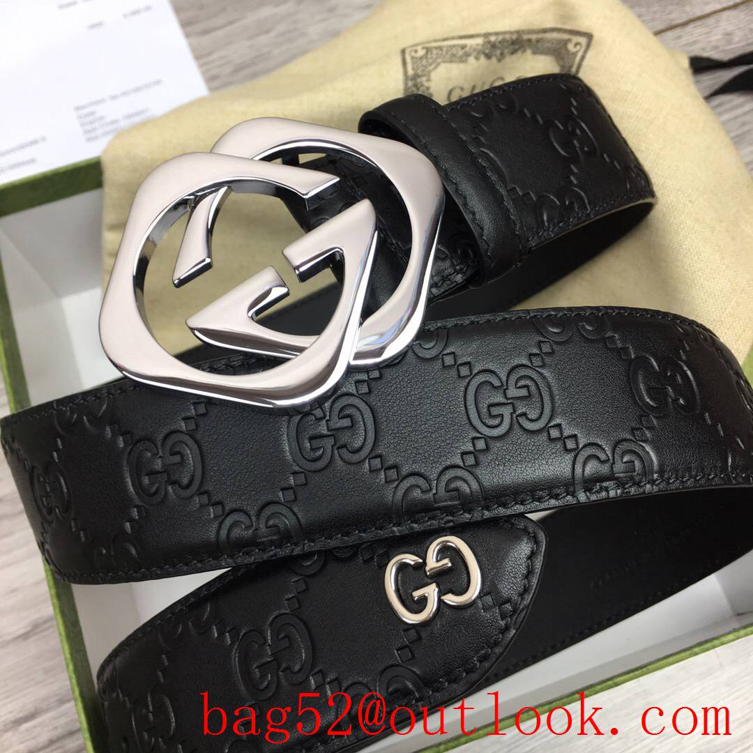 Gucci GG men 4cm black GG calfskin silver buckle belt with small G