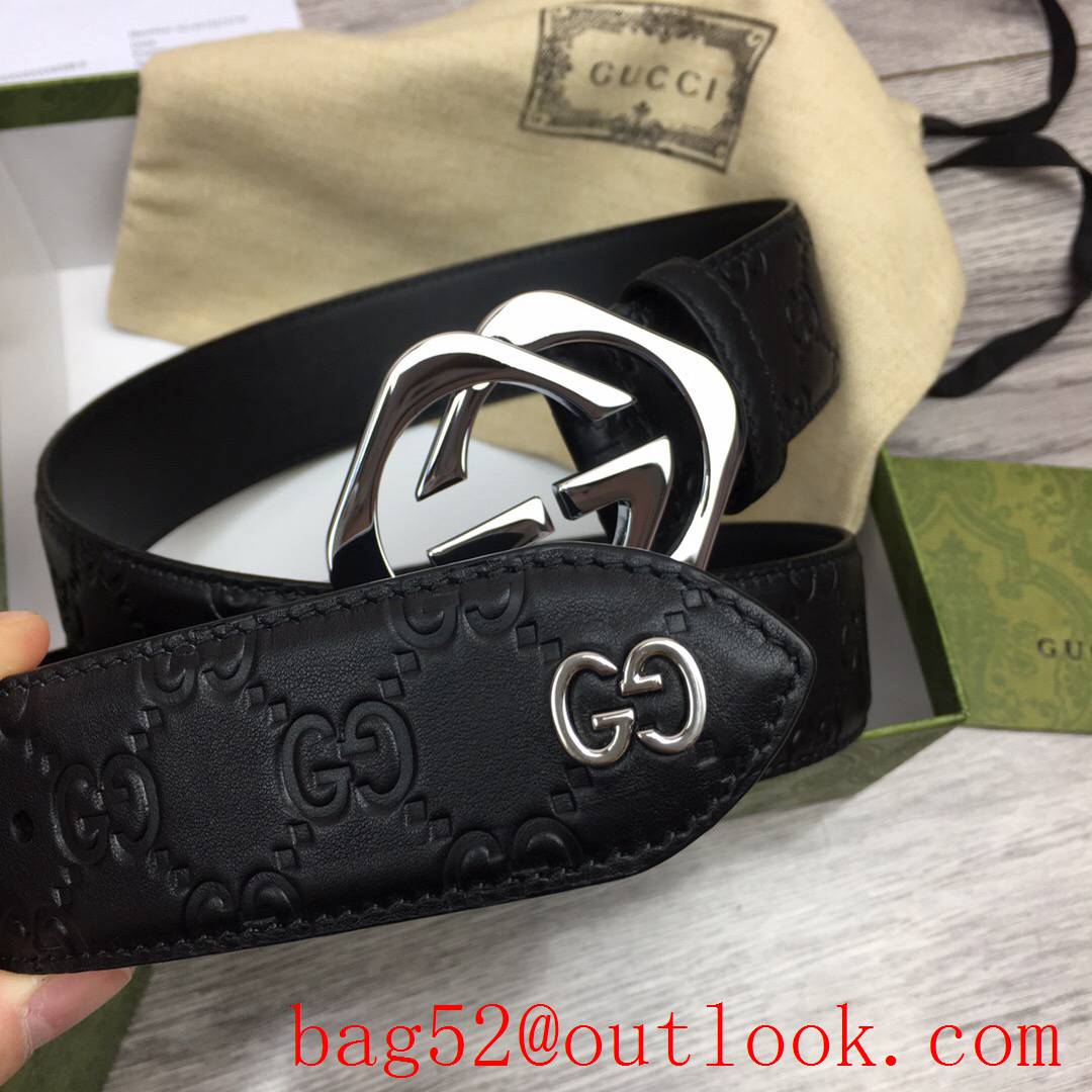 Gucci GG men 4cm black GG calfskin silver buckle belt with small G