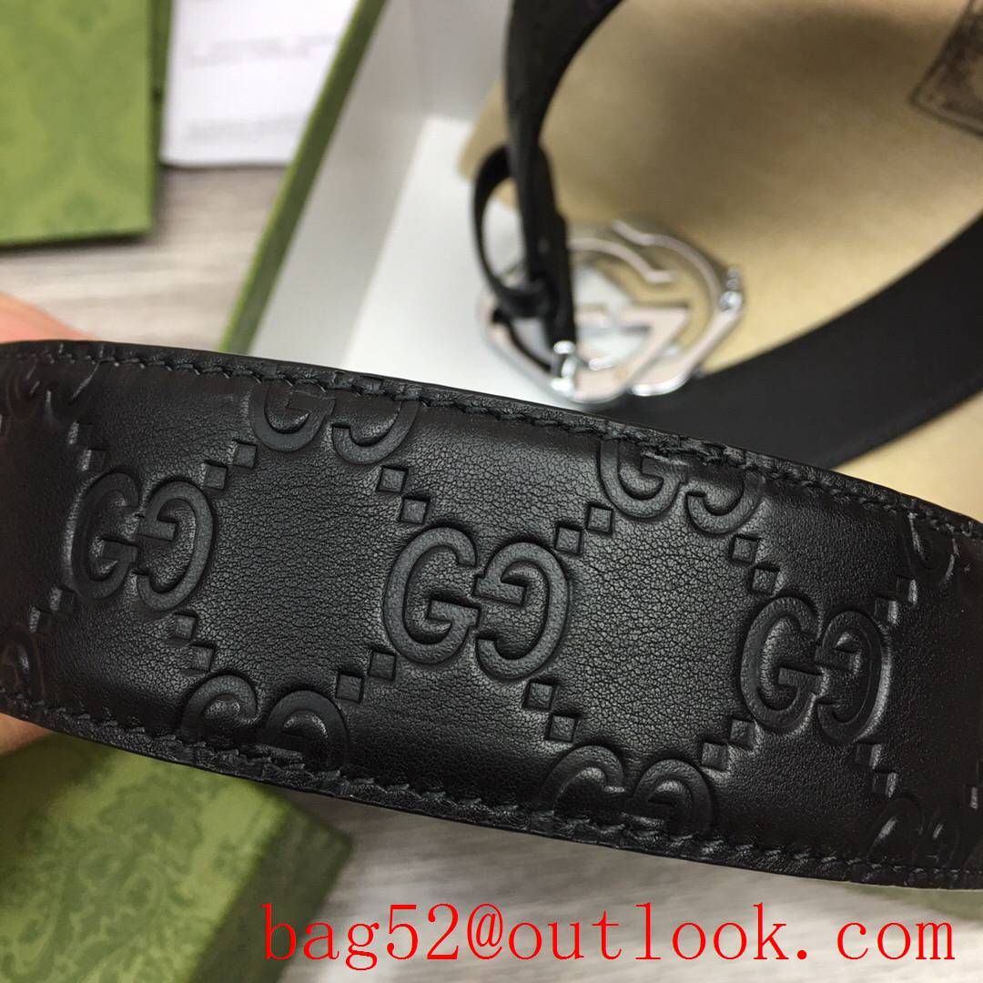 Gucci GG men 4cm black GG calfskin silver buckle belt with small G