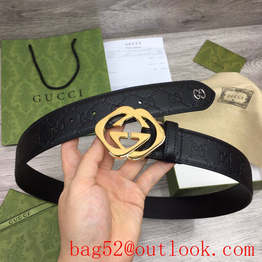 Gucci GG men 4cm black GG calfskin gold buckle belt with small G