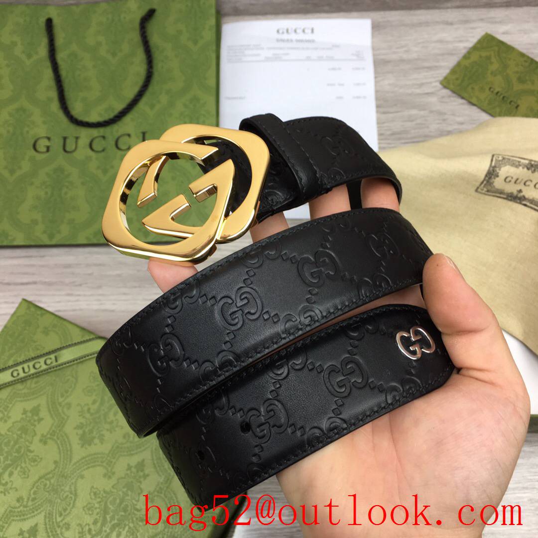 Gucci GG men 4cm black GG calfskin gold buckle belt with small G