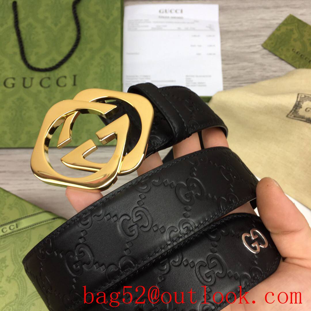 Gucci GG men 4cm black GG calfskin gold buckle belt with small G