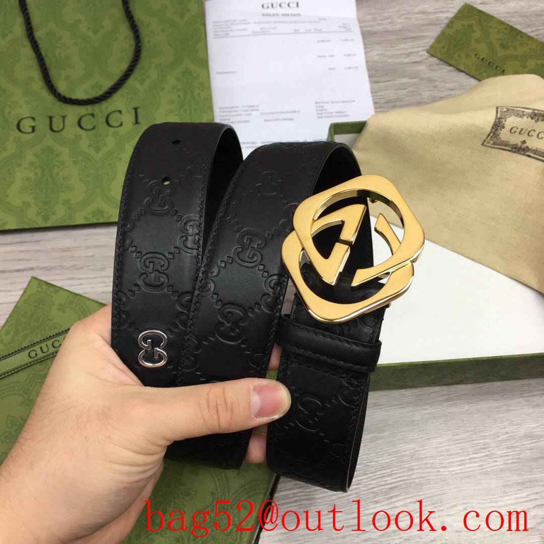 Gucci GG men 4cm black GG calfskin gold buckle belt with small G