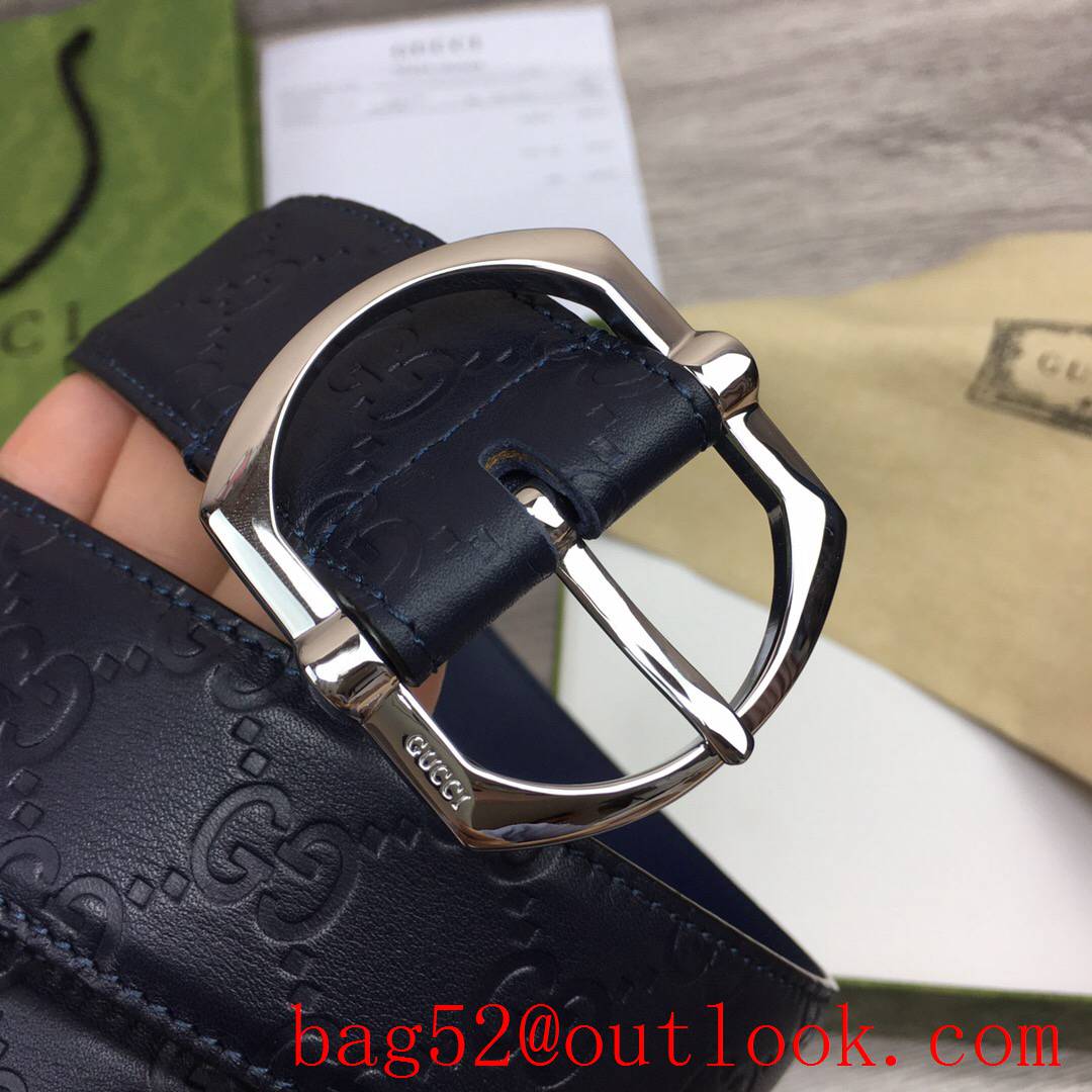 Gucci GG men 4cm black v navy GG calfskin silver square buckle belt with small G