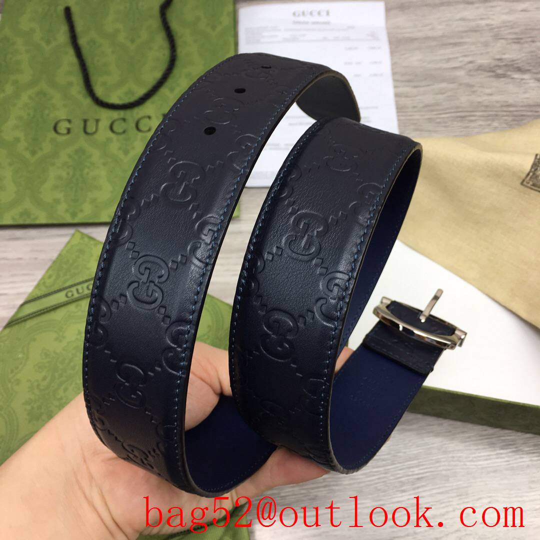 Gucci GG men 4cm black v navy GG calfskin silver square buckle belt with small G