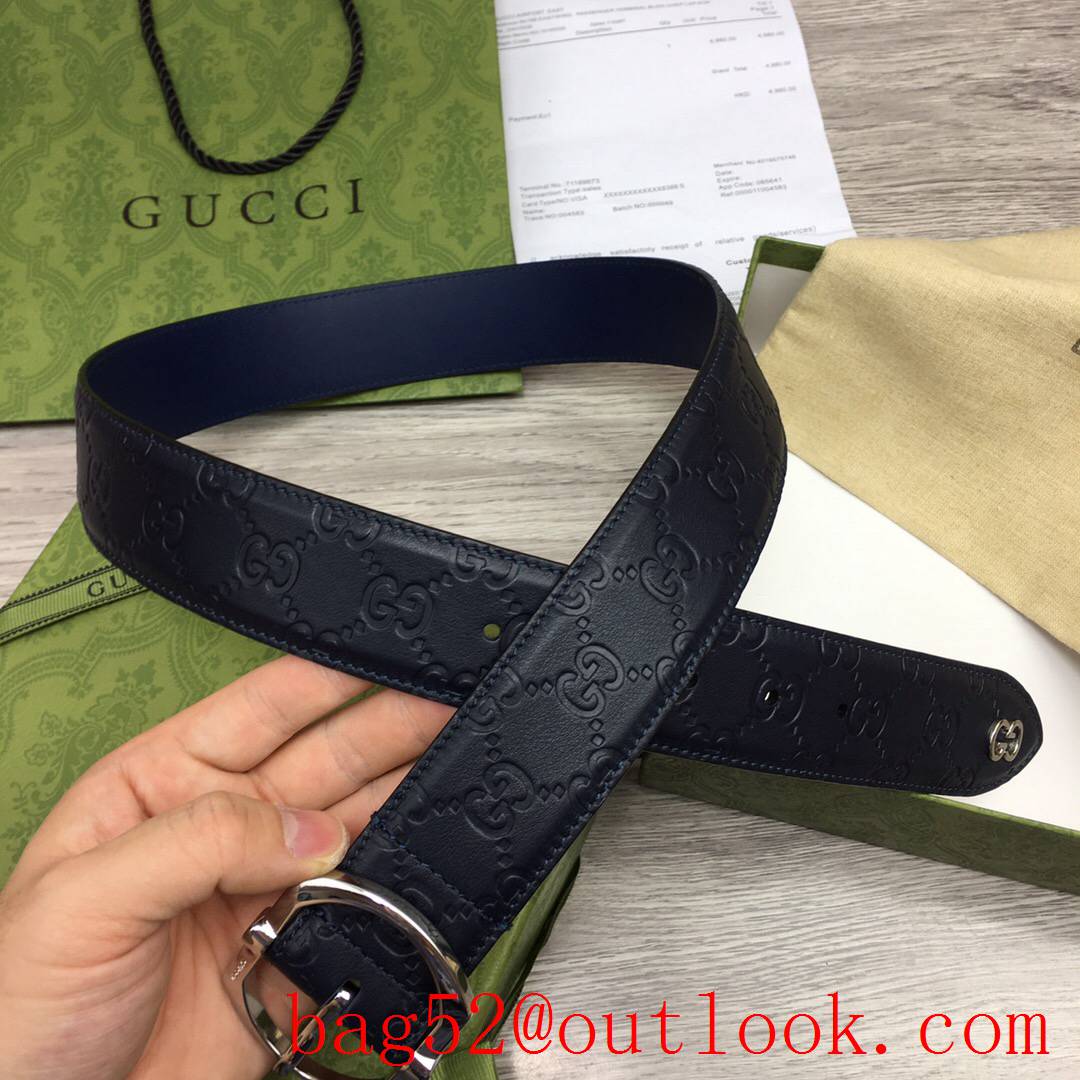 Gucci GG men 4cm black v navy GG calfskin silver square buckle belt with small G