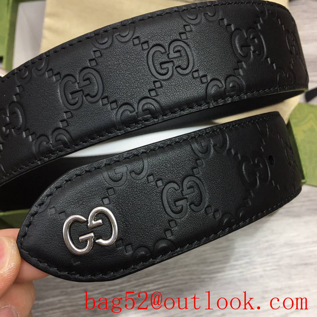 Gucci GG men 4cm black GG calfskin silver square buckle belt with small G