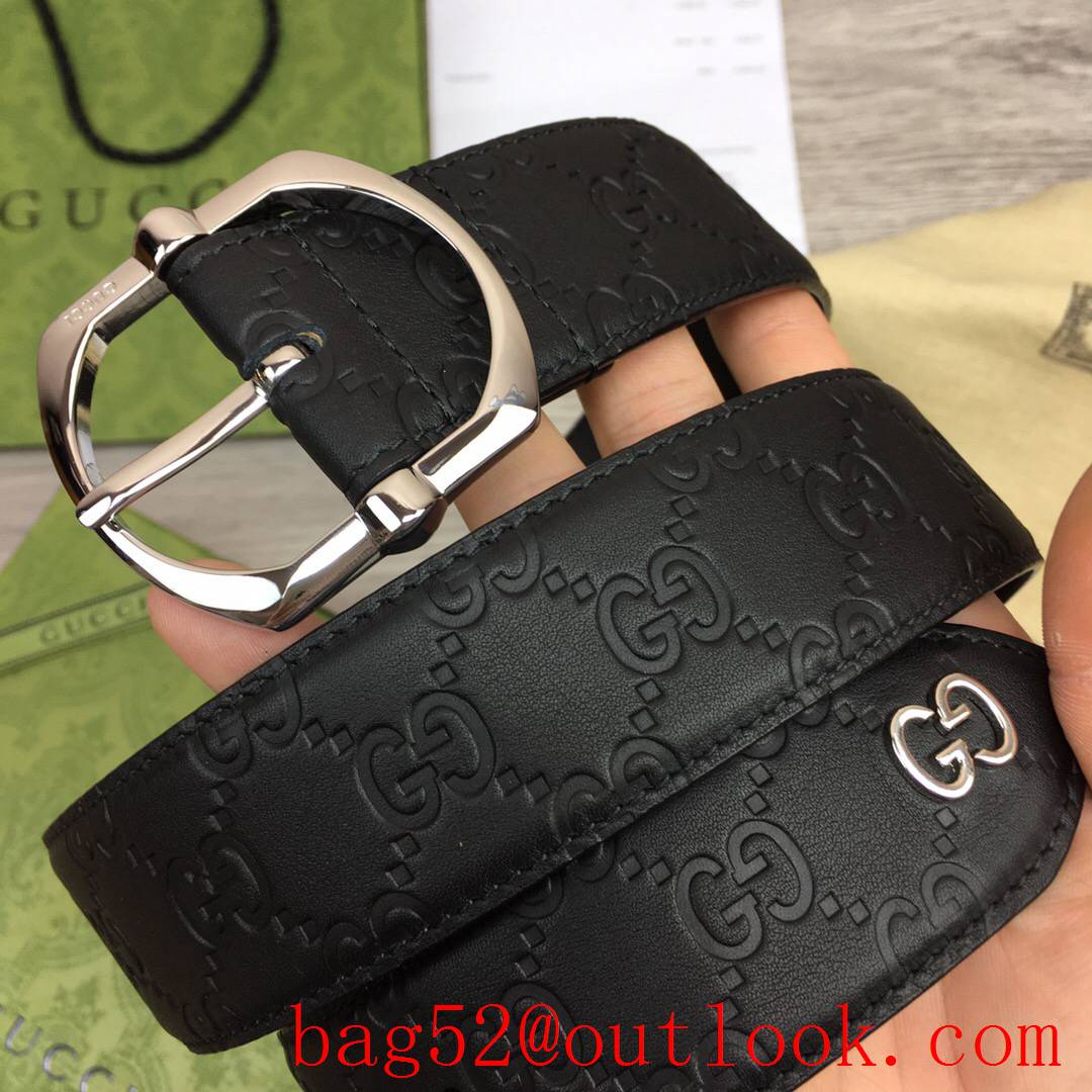 Gucci GG men 4cm black GG calfskin silver square buckle belt with small G