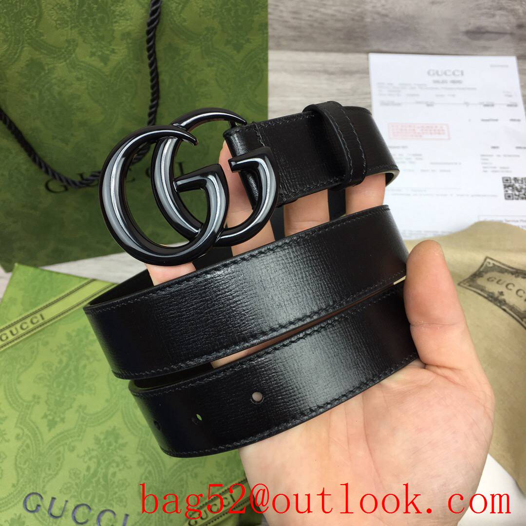 Gucci GG women 3cm medium width black leather v GG paint buckle belt