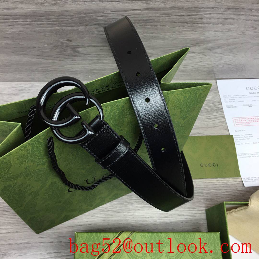 Gucci GG women 3cm medium width black leather v GG paint buckle belt