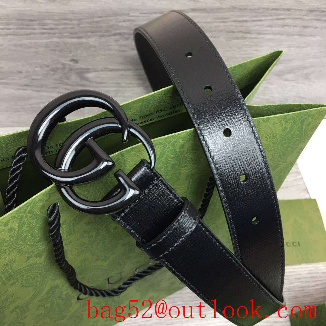 Gucci GG women 3cm medium width black leather v GG paint buckle belt