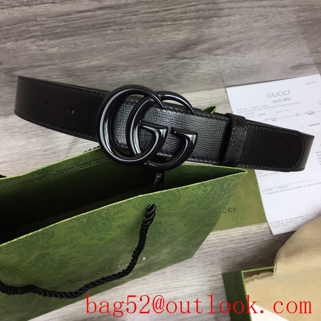 Gucci GG women 3cm medium width black leather v GG paint buckle belt