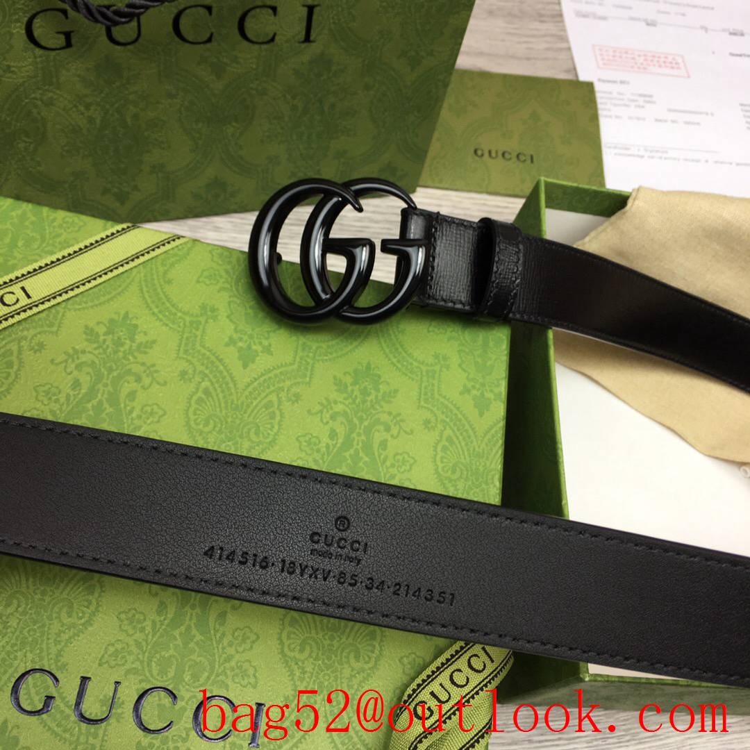 Gucci GG women 3cm medium width black leather v GG paint buckle belt