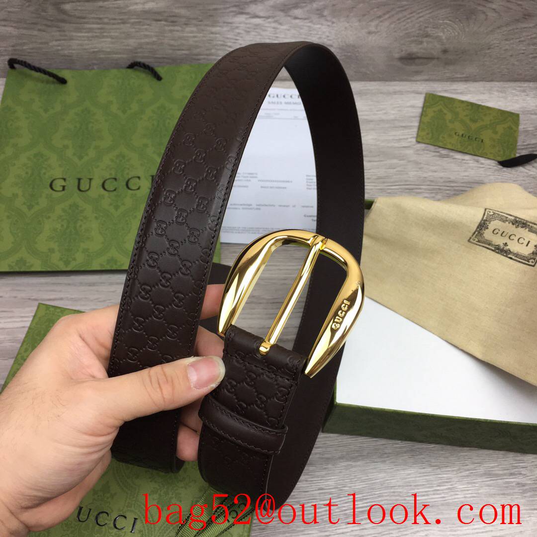 Gucci GG men 4cm brown Classic calfskin pin gold buckle belt