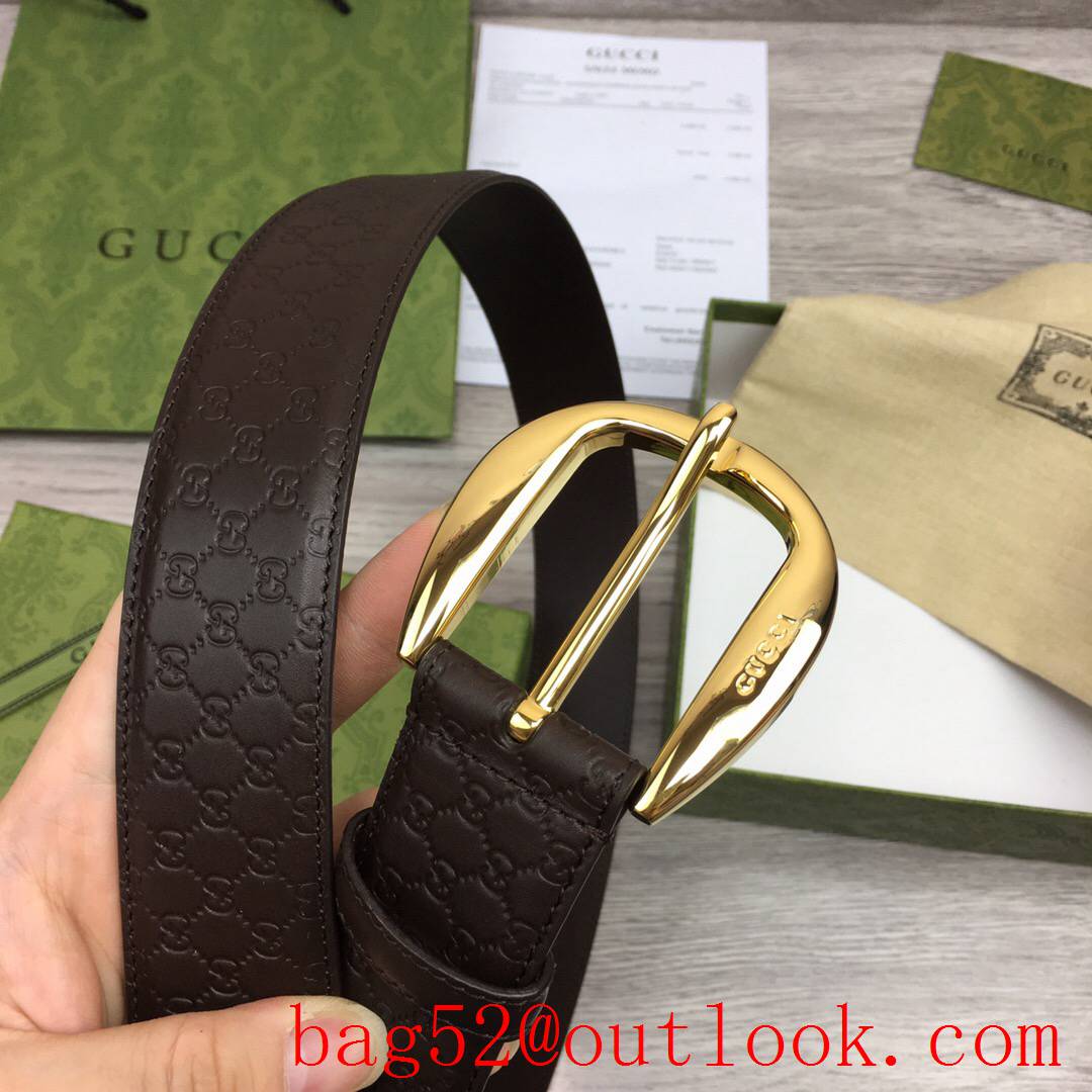 Gucci GG men 4cm brown Classic calfskin pin gold buckle belt