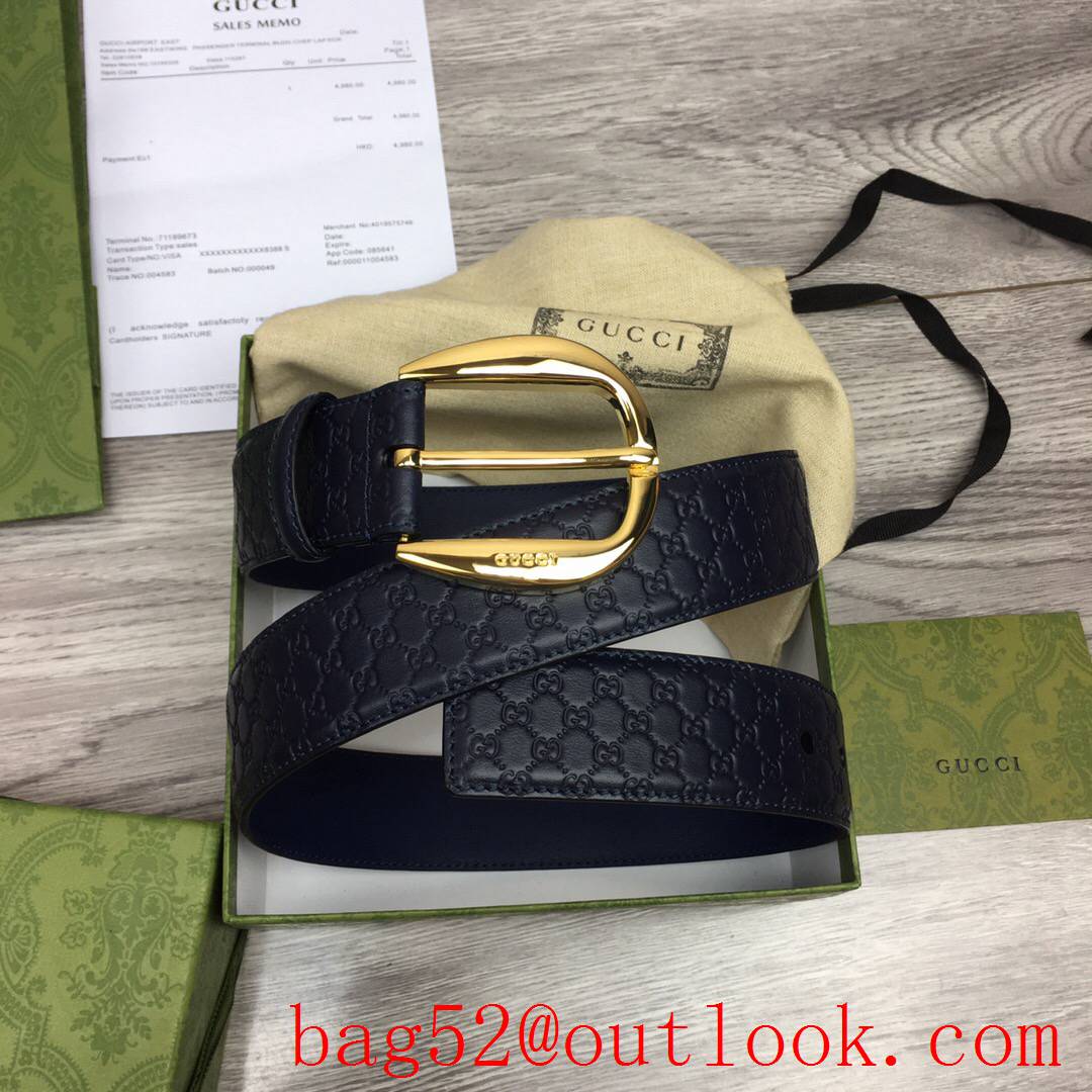 Gucci GG men 4cm navy Classic calfskin pin gold buckle belt