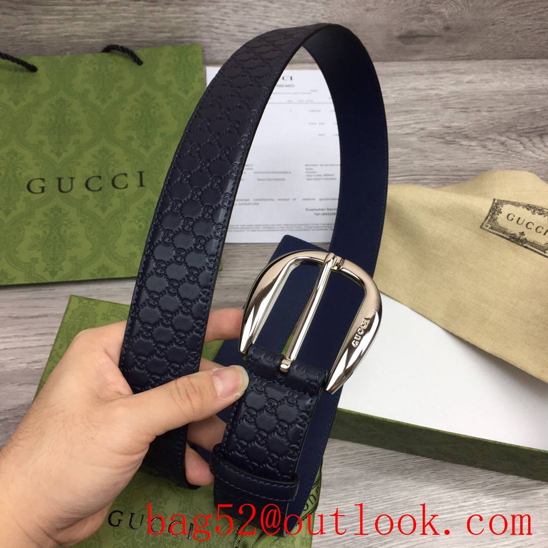 Gucci GG men 4cm navy Classic calfskin pin silver buckle belt